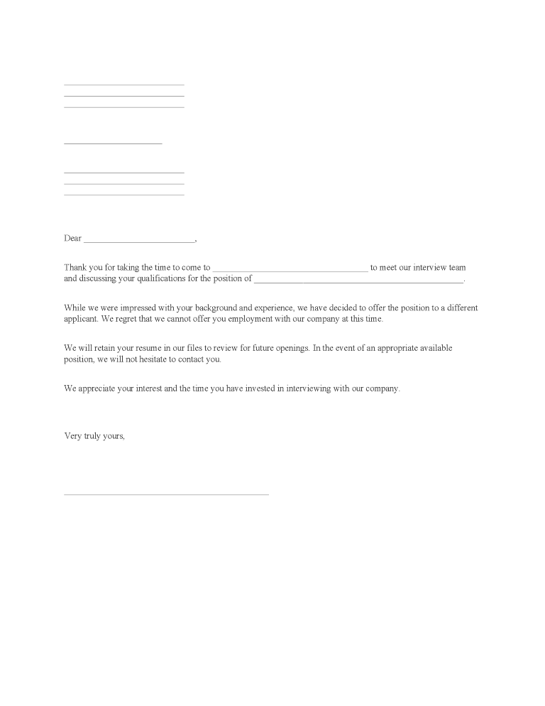 Employment Rejection Letter Employment Rejection Letter
