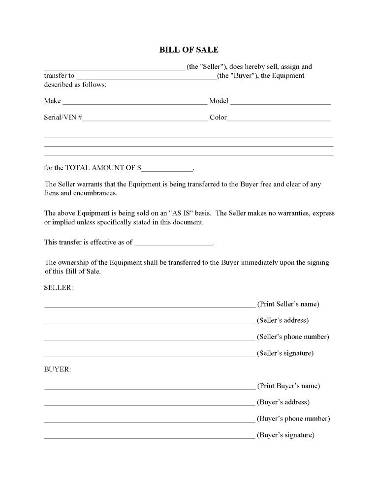 Equipment Bill of Sale Form Free Printable Legal Forms