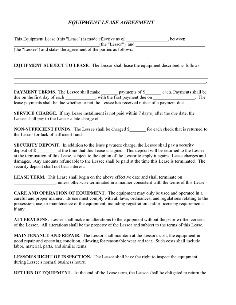 Equipment Lease Agreement Form Equipment Lease Agreement Form
