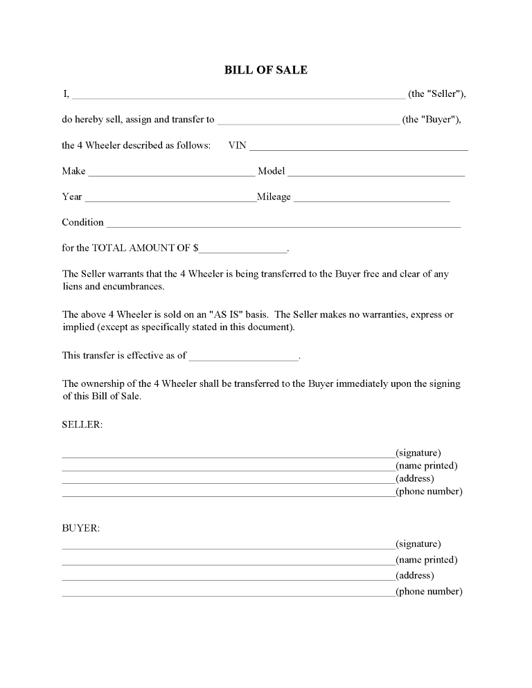 Four Wheeler Bill of Sale Form Four Wheeler Bill of Sale Form