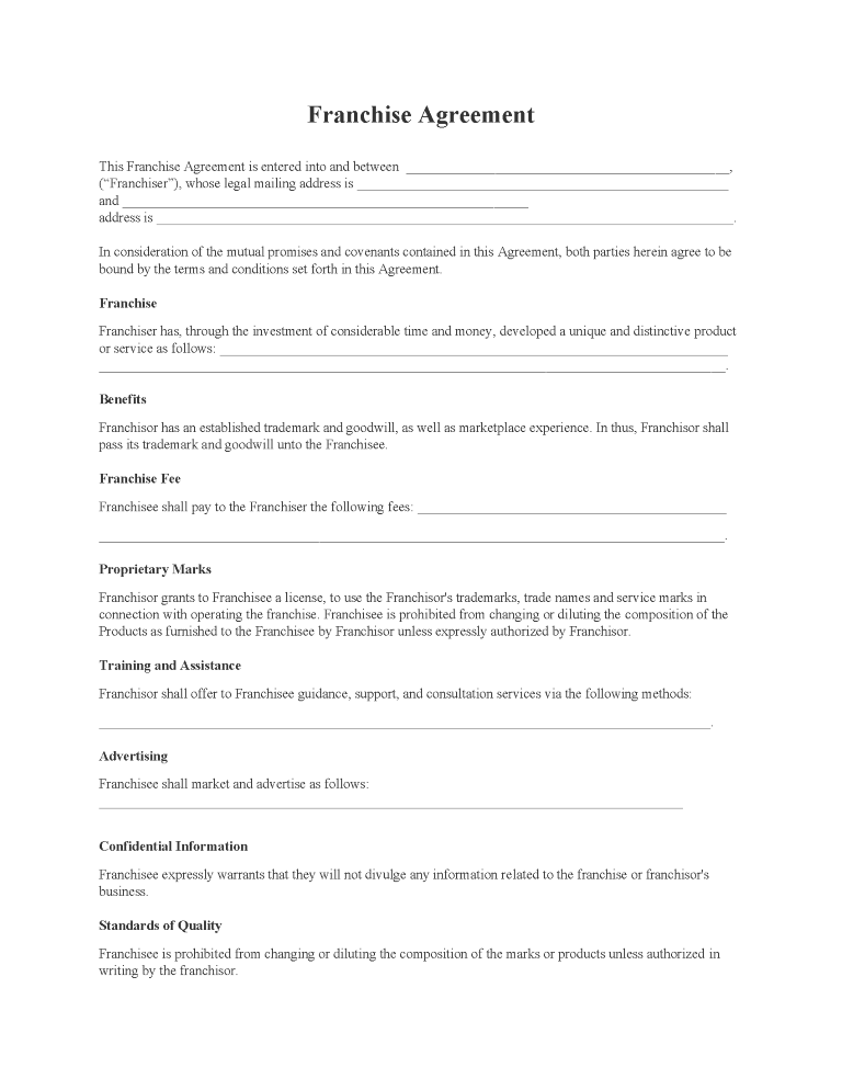 Franchise Agreement Franchise Agreement Form