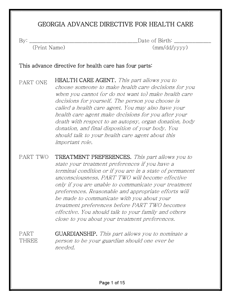 Georgia Health Care Power of Attorney Form Georgia Health Care Power of Attorney Form