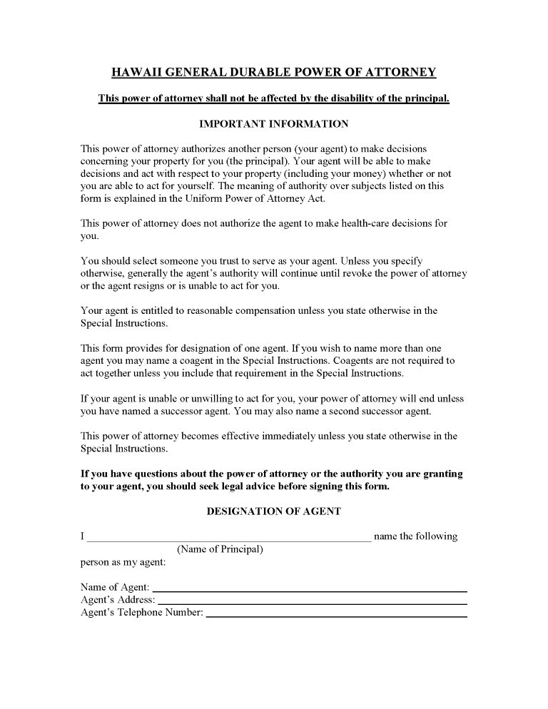 Hawaii Power of Attorney Forms Hawaii Power of Attorney Forms