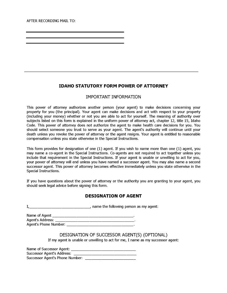 Idaho Durable Power of Attorney Form Idaho Durable Power of Attorney Form
