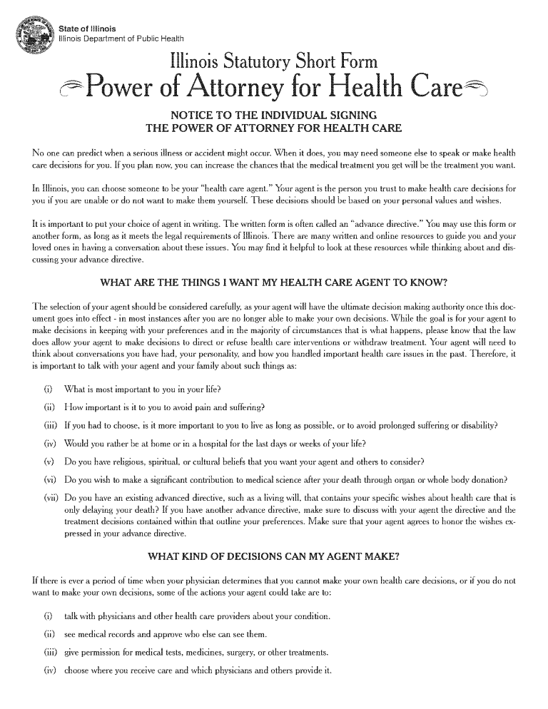 Illinois Health Care Power of Attorney Form Illinois Health Care Power of Attorney Form