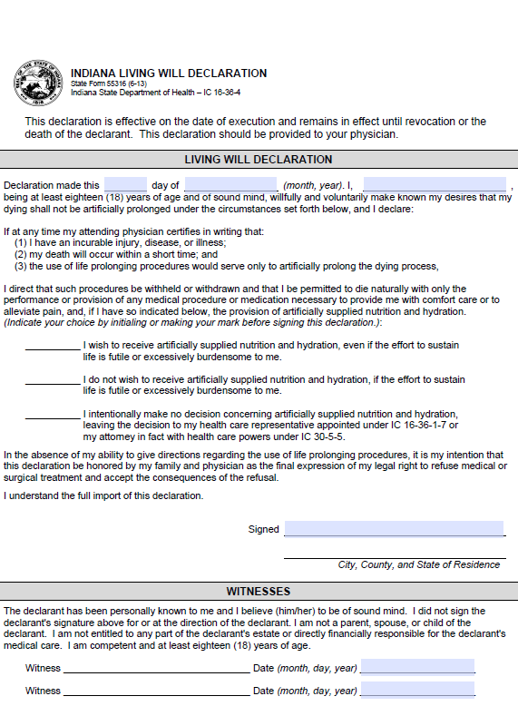 Indiana Advance Directive For Health Care Indiana Advance Directive For Health Care Form