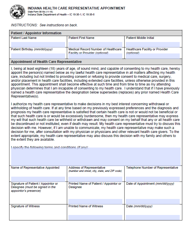 Indiana Health Care Power of Attorney Form Indiana Health Care Power of Attorney Form