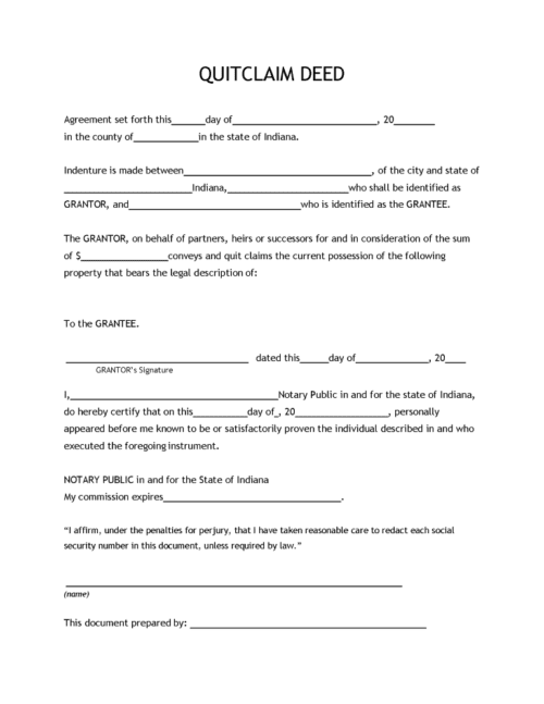 Free Indiana Quit Claim Deed PDF & Word Free Printable Legal Forms