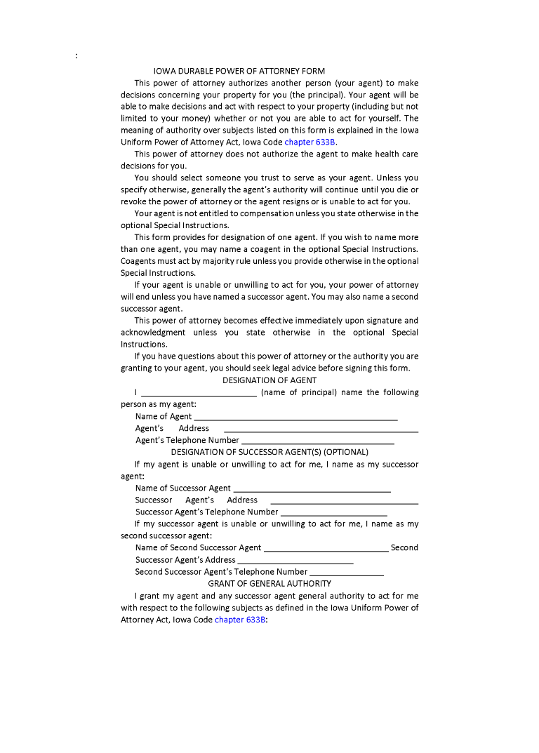 Iowa Financial Power of Attorney Form