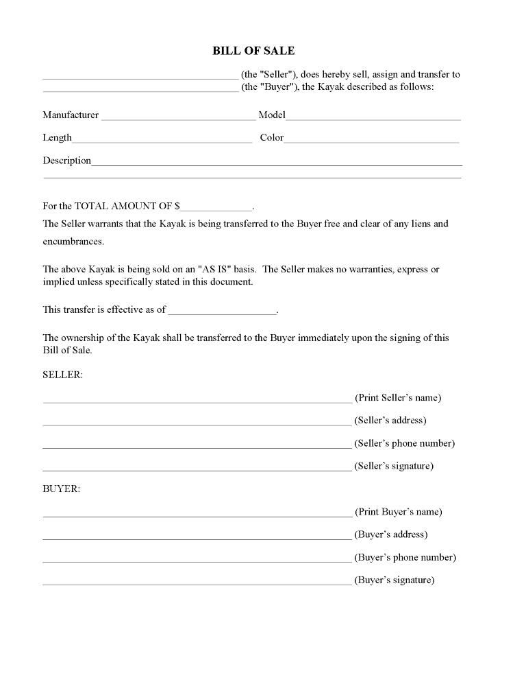 Kayak Bill of Sale Form Kayak Bill of Sale Form
