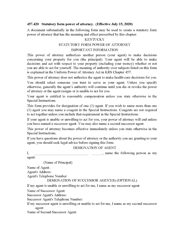 Kentucky Durable Power of Attorney Form Kentucky Durable Power of Attorney Form