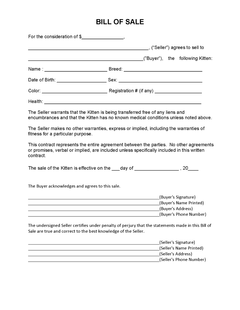 Kitten Bill of Sale Form Kitten Bill of Sale Form