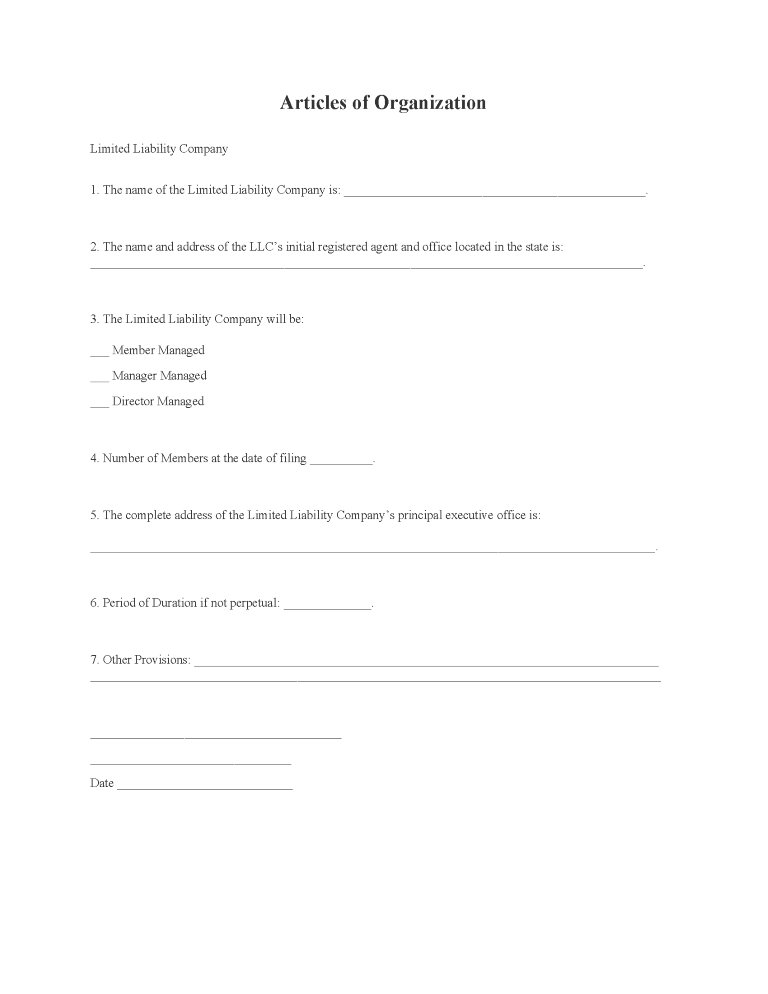 LLC Articles of Incorporation LLC Articles of Organization Form