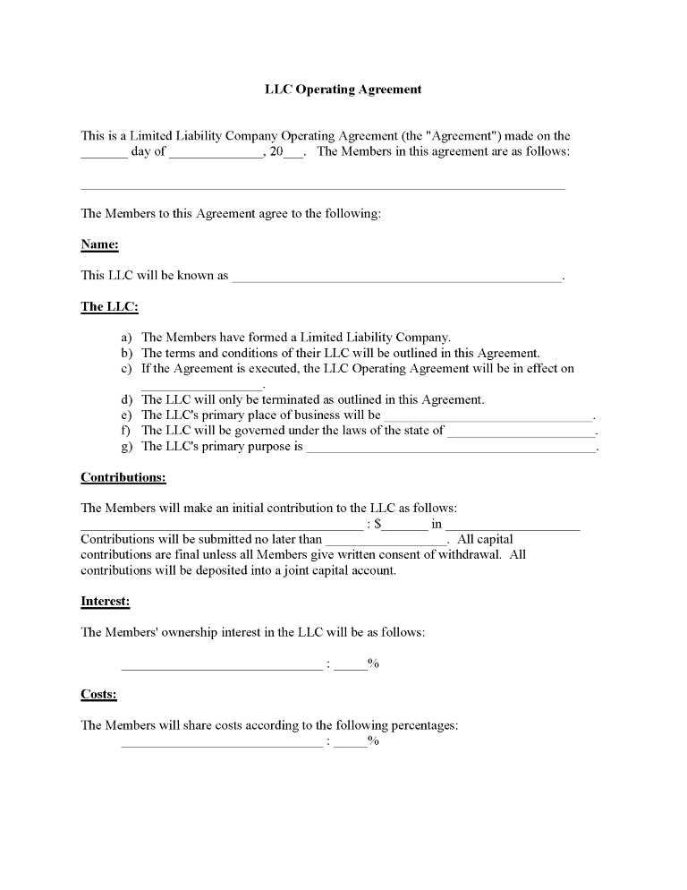 LLC Operating Agreement Form