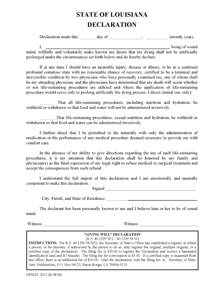 Louisiana Advance Directive For Health Care Louisiana Advance Directive For Health Care Form