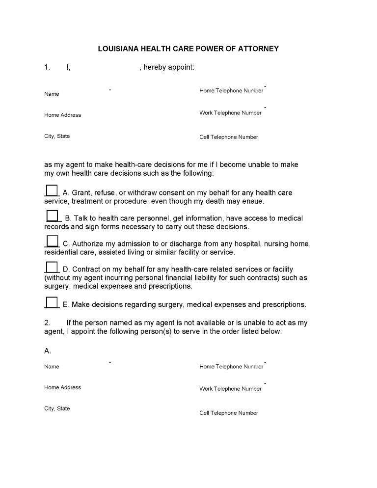 Louisiana Health Care Power of Attorney Form Louisiana Health Care Power of Attorney Form