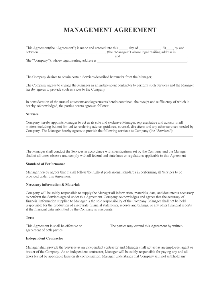 Management Agreement Management Agreement Form