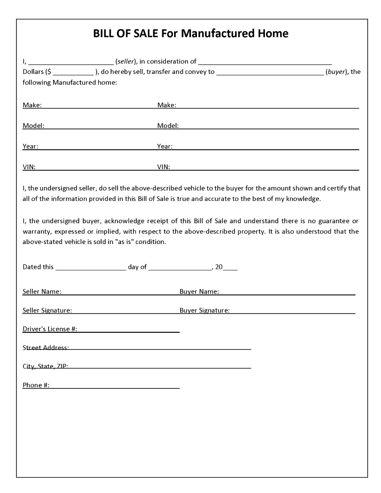 Manufactured Home Bill of Sale