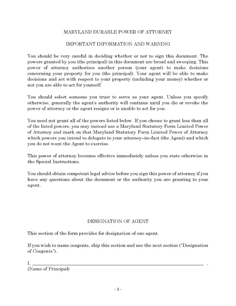 Maryland Power of Attorney Forms Maryland Power of Attorney Forms