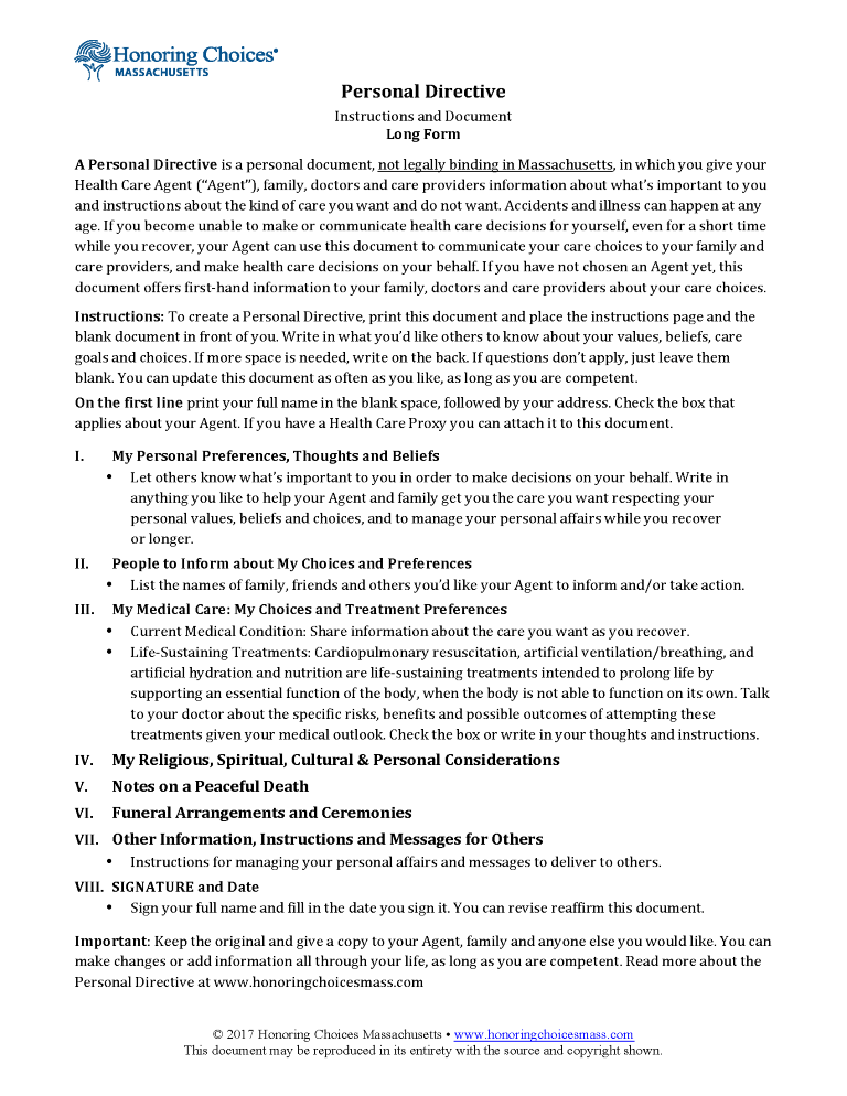 Massachusetts Advance Directive For Health Care Massachusetts Advance Directive For Health Care Form