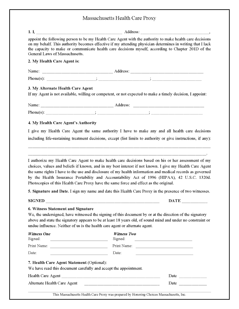 Massachusetts Health Care Power of Attorney Form Massachusetts Health Care Power of Attorney Form