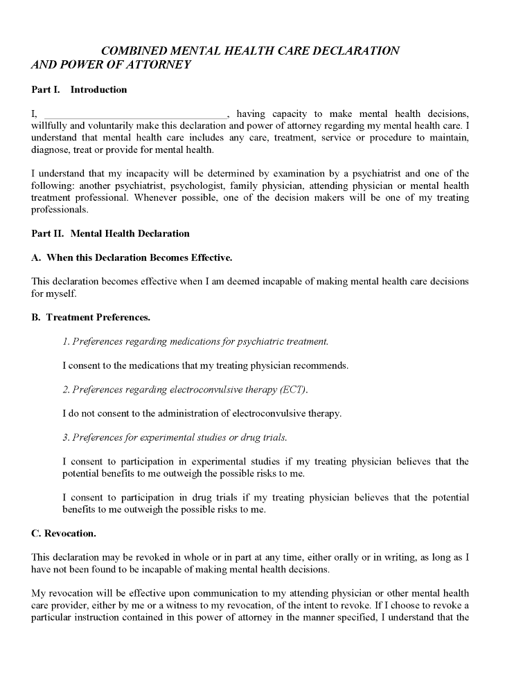 Mental Health Power of Attorney Forms By State Mental Health Power of Attorney Forms By State
