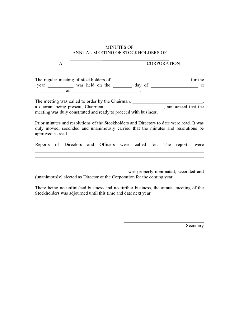 Minutes of Annual Stockholders Meeting Minutes of Annual Stockholders Meeting