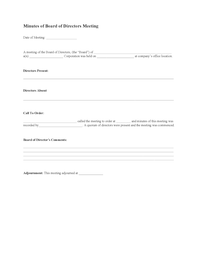 Minutes of Board of Directors Meeting Minutes of Board of Directors Meeting Form
