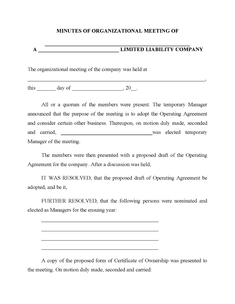 Minutes of LLC Organizational Meeting Minutes of LLC Organizational Meeting