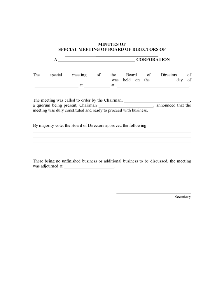 Minutes of Special Meeting of Board of Directors Minutes of Special Meeting of Board of Directors