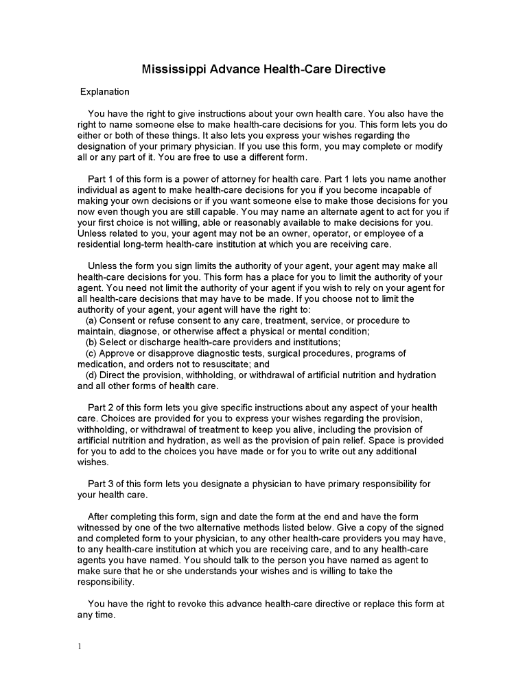 Mississippi Advance Directive For Health Care Mississippi Advance Directive For Health Care Form