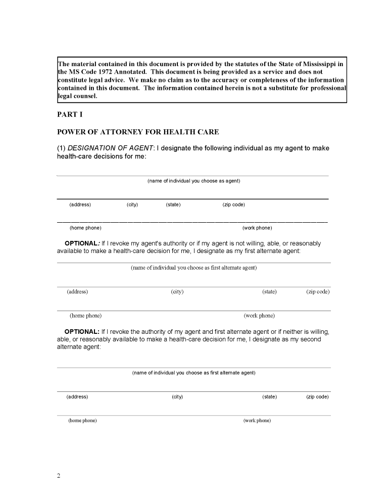 Mississippi Health Care Power of Attorney Form Mississippi Health Care Power of Attorney Form