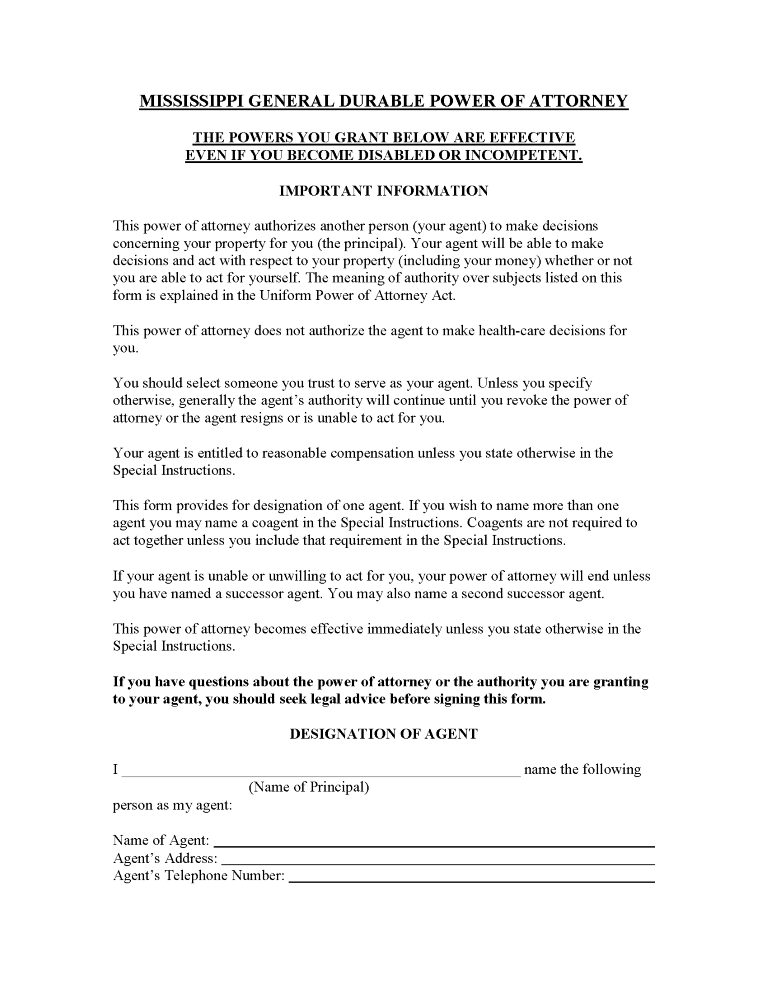 Mississippi Power of Attorney Forms Mississippi Power of Attorney Forms