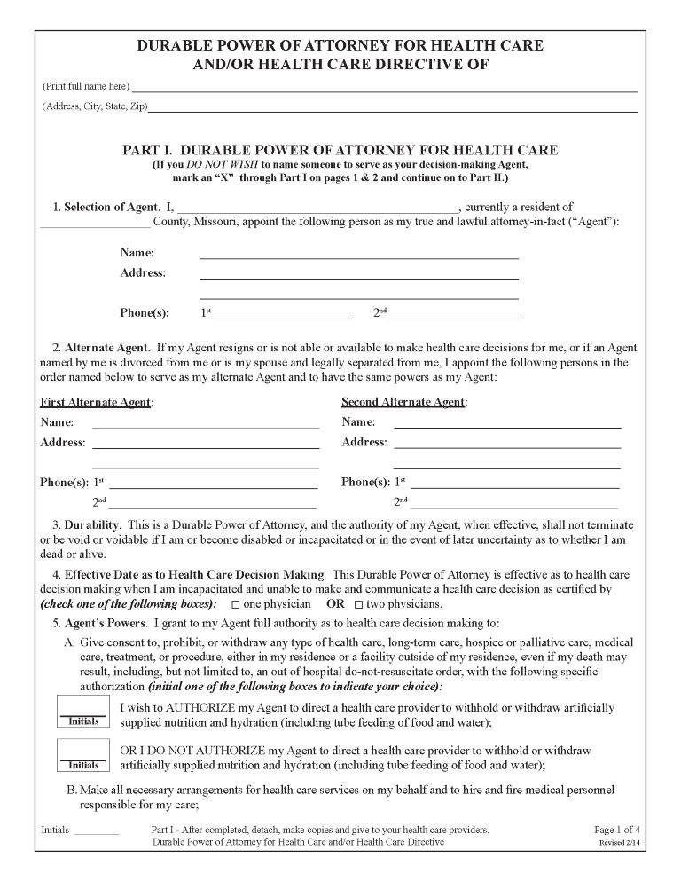 Missouri Health Care Power of Attorney Form Missouri Health Care Power of Attorney Form