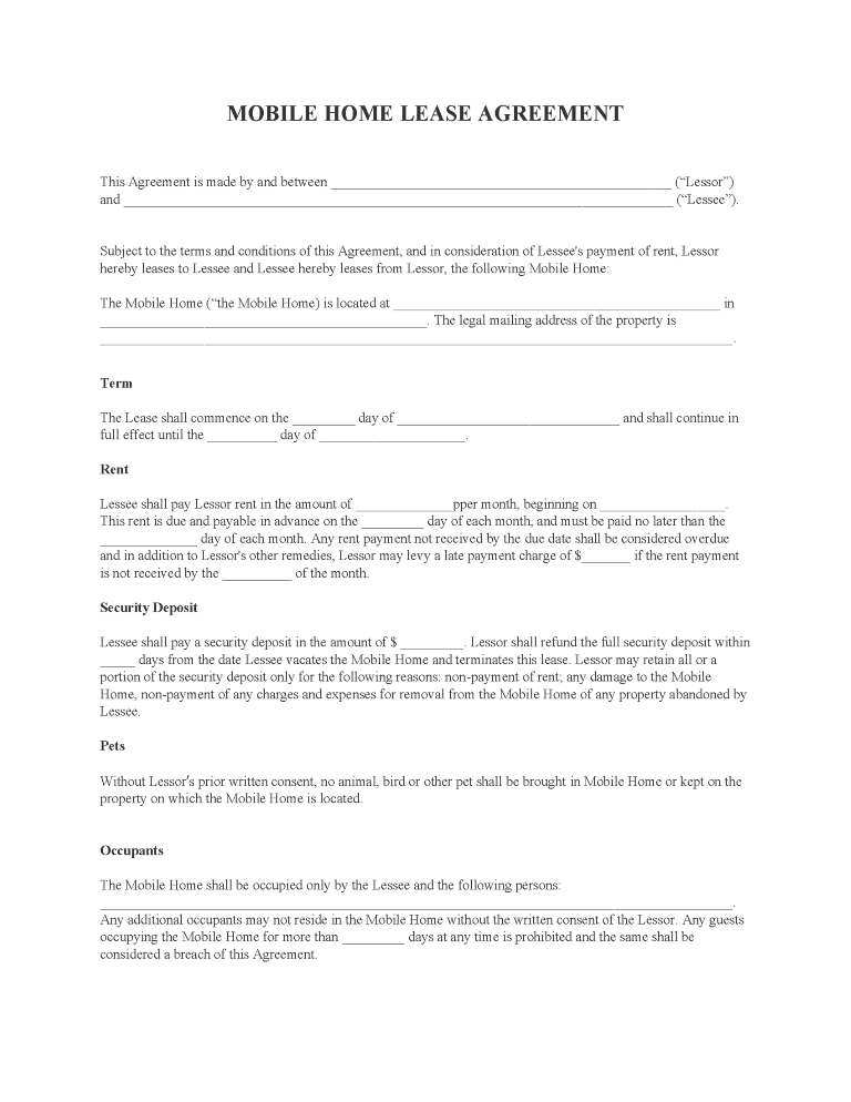 Mobile Home Lease Agreement Form
