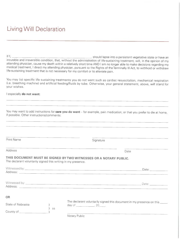 Nebraska Living Will Form Nebraska Living Will Form
