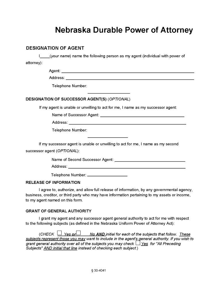 Nebraska Power of Attorney Forms Nebraska Power of Attorney Forms