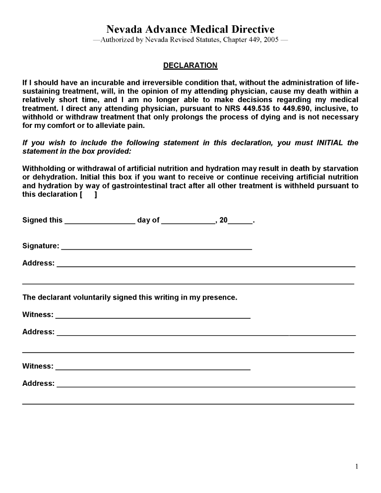 Nevada Advance Directive For Health Care Nevada Advance Directive For Health Care Form