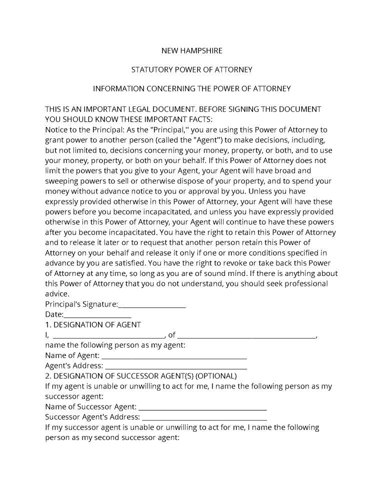 New Hampshire Power of Attorney Forms New Hampshire Power of Attorney Forms