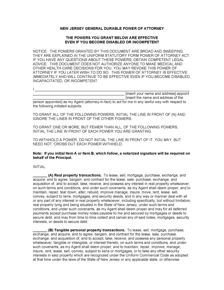 New Jersey Power of Attorney Forms New Jersey Power of Attorney Forms