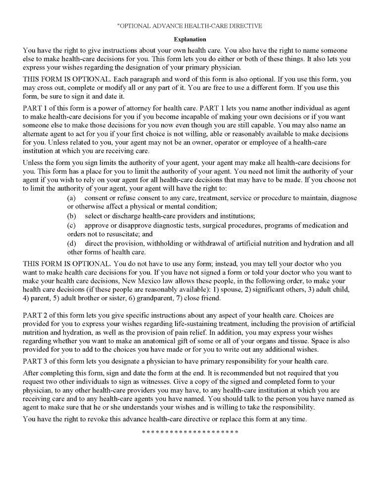 New Mexico Advance Directive For Health Care New Mexico Advance Directive For Health Care Form
