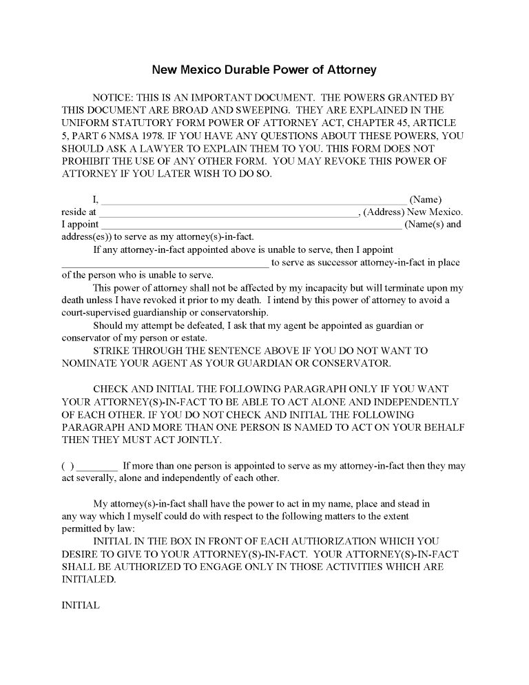 New Mexico Power of Attorney Forms