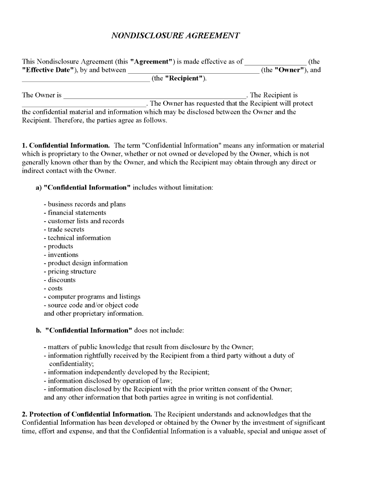 Non-Disclosure Agreement Form Non Disclosure Agreement Form