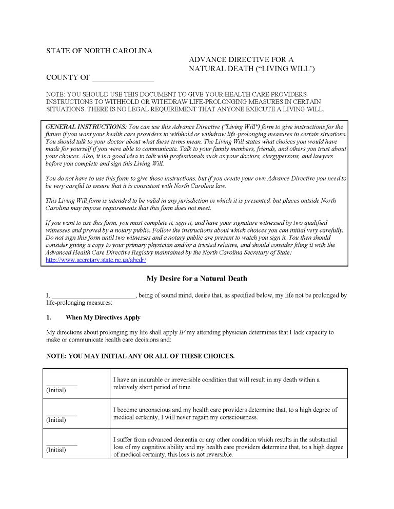 North Carolina Advance Directive For Health Care North Carolina Advance Directive For Health Care Form