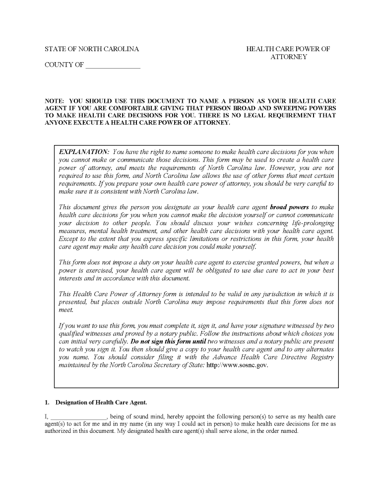 North Carolina Health Care Power of Attorney Form North Carolina Health Care Power of Attorney Form