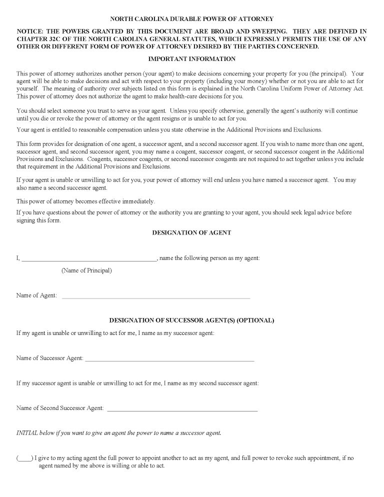 North Carolina Power of Attorney Forms North Carolina Power of Attorney Forms
