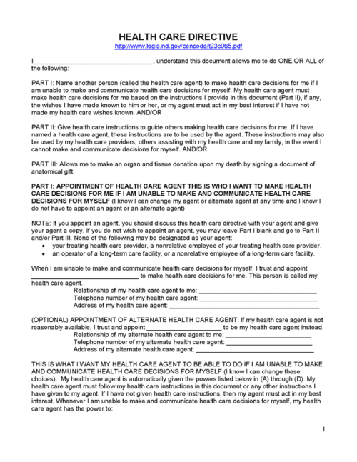 North Dakota Advance Directive For Health Care Free Printable Legal Forms
