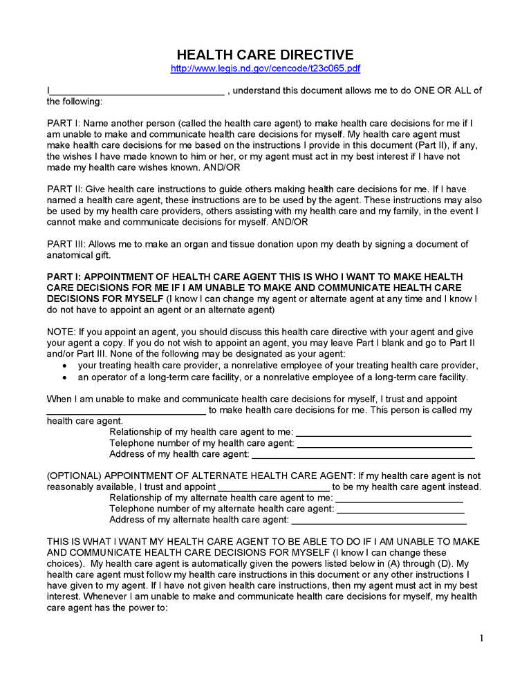 North Dakota Advance Directive For Health Care North Dakota Advance Directive For Health Care Form