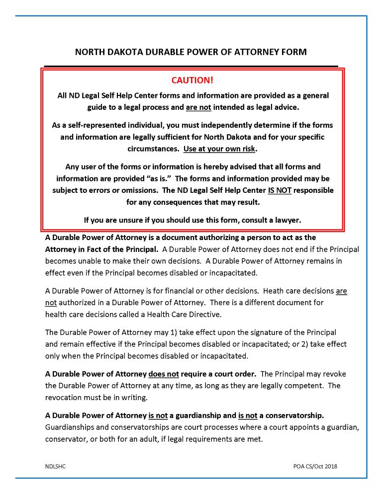 North Dakota Power of Attorney Forms North Dakota Power of Attorney Forms