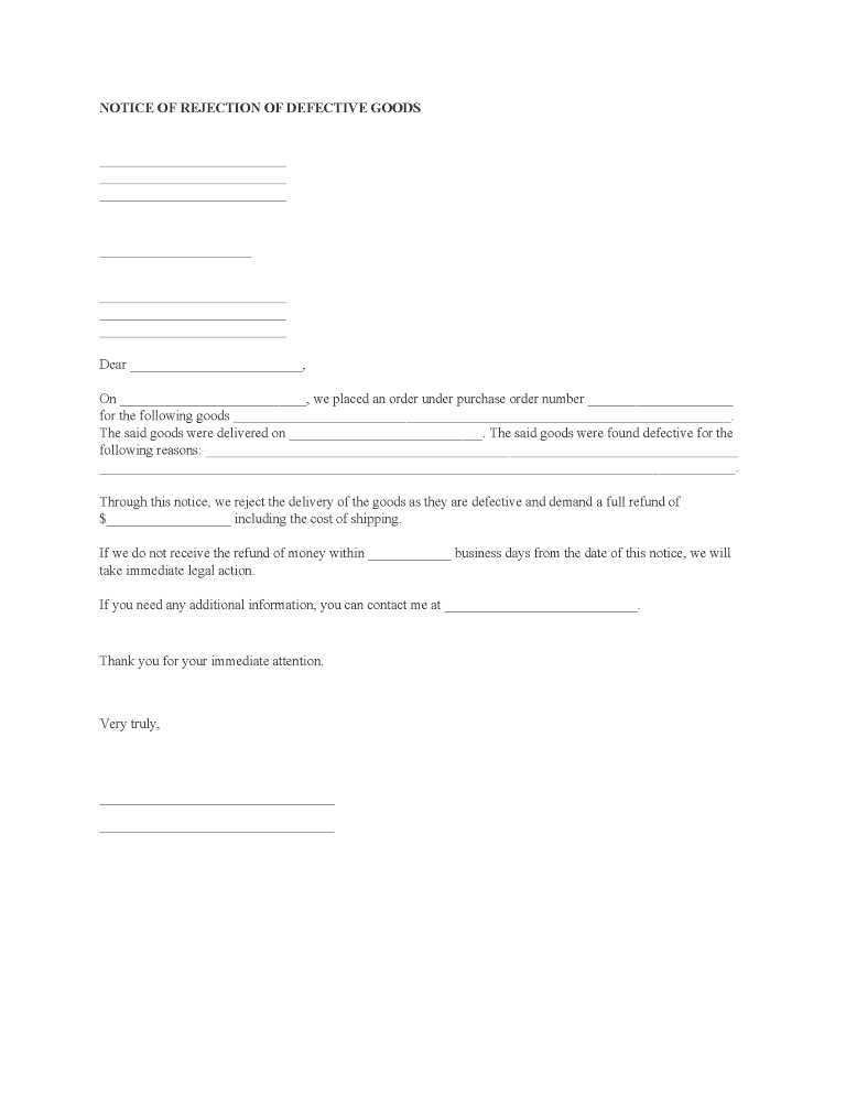 Notice of Rejection of Defective Goods Notice of Rejection of Defective Goods Form